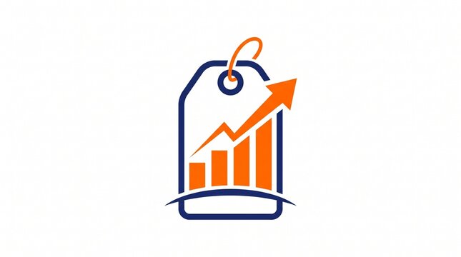 Business growth analysis icon with price tag and sales chart. Increasing earnings, profit data trends, and financial statistics symbol in orange and blue