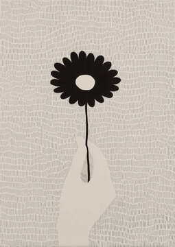 Black Daisy Flower Illustration Held in Soft Silhouette Vase, Hatched Line Texture, Minimalist Women's Day and Mother's Day Concept