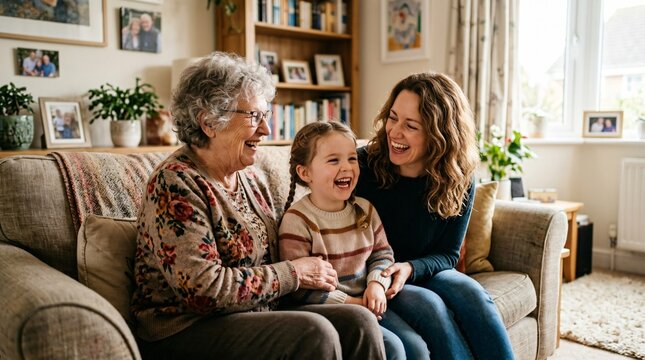 Three generations of women laughing together on living room sofa, celebrating family bond and Grandparents Day at home.