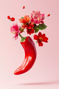 Red Chilli Pepper with Pink and Red Flower Bouquet Floating on Pink Background, Surreal Minimalist Food Art, Copy Space