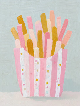 Colorful French Fries in Pink and White Striped Takeaway Box &ndash; Pastel Oil Painting Illustration