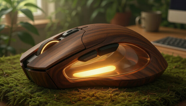 Wooden computer mouse ergonomic futuristic close up polished wood glowing light office desk design gadget on moss mat with plant keyboard monitor warm natural workspace