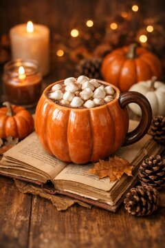 Pumpkin mug of hot chocolate with marshmallows on rustic autumn table with candles pinecones and pumpkins for fall seasonal background