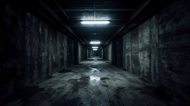 Dimly lit long narrow hallway inside an abandoned industrial building features damp concrete walls and rows of overhead fluorescent lamps glowing across the dark corridor leading into the