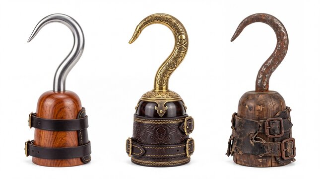 Three detailed pirate hooks made from wood leather and metal displayed in a row on white background