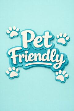 Pet friendly three dimensional text with paw prints on turquoise background for signage banner and social media design
