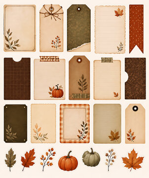 Autumn themed scrapbooking tags and stickers with pumpkins and fall leaves