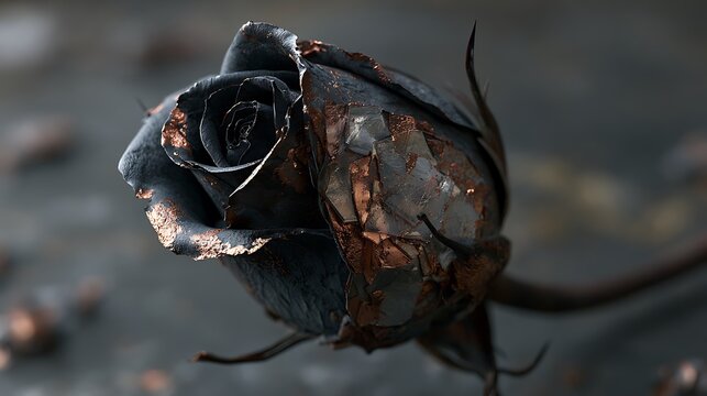Prompt: A powerful dark romantic double exposure. A detailed black rose bud has its petals made of layers of thin, flaky, semi-translucent mica mineral sheets catching copper light highlights. 