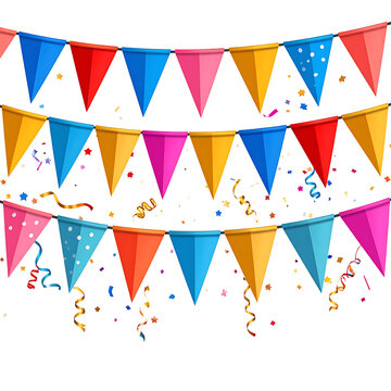 Colorful triangular bunting flags and confetti falling, party decoration banners, festive celebration elements