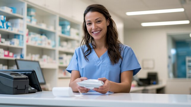 Female Pharmacy Technician in Scrubs Holding Sealed Cold Medication Pickup Package