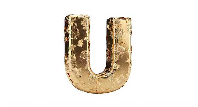 Golden text letter U with flaky texture isolated design element transparent background
