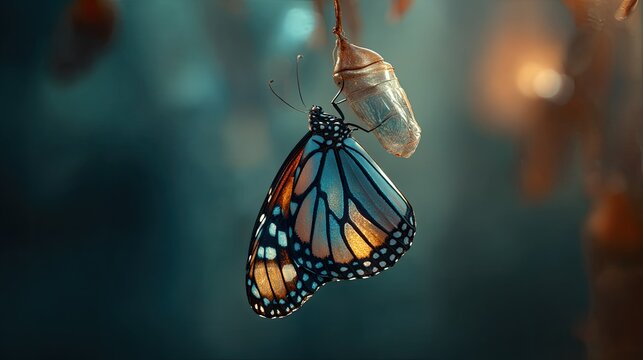 A butterfly emerges from its cocoon, symbolizing transformation and new life.