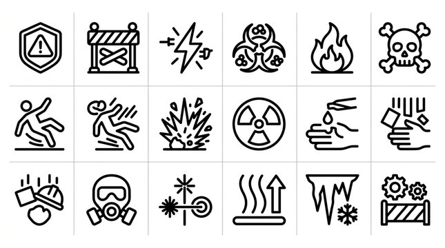 Set of black and white hazard warning signs and industrial safety icons