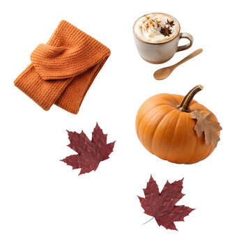 Cozy Autumn Flat Lay with Pumpkin Knitted Scarf Spiced Latte and Fall Leaves PNG