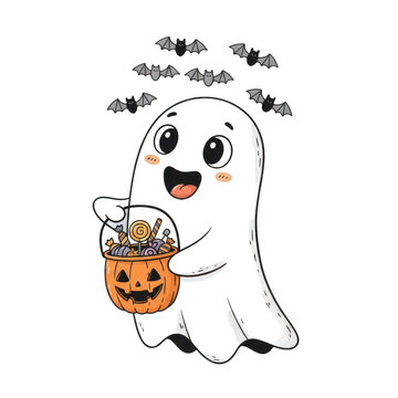 Cute cartoon ghost holding a pumpkin trick or treat bucket