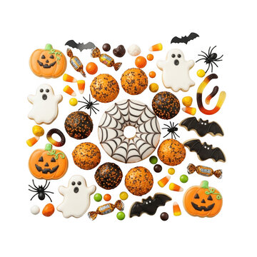 Assorted halloween cookies and candies in festive arrangement