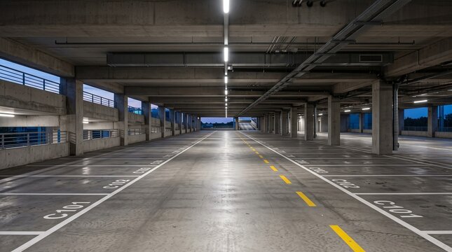 Empty modern multilevel parking garage interior with concrete structure, industrial lighting, and marked parking spaces at dusk