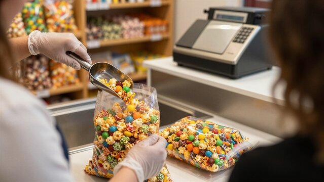 A person scoops colorful candy popcorn into a bag at a sweet shop counter with shelves of treats in background.