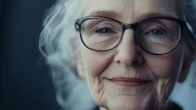 An aged person is looking at the camera and smiling gently. The individual has grey hair and wears dark rimmed glasses.