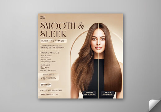 Editable Smooth and Sleek Hair Treatment Social Media Post Template with Limited Time Offers and Young Woman Showing Hair Transformation Before and After.