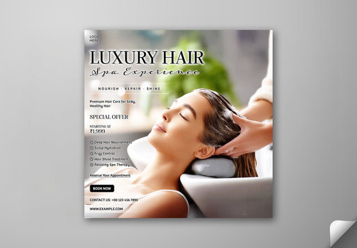 Editable Luxury Hair Spa Social Media Post Template with Special Offers and Young Woman Getting hair Wash in Salon.