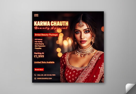 Editable Karwa Chauth Special Festival Offer for Beauty Parlour Advertising Social Media Post with Beautiful Bridal Makeup Package.