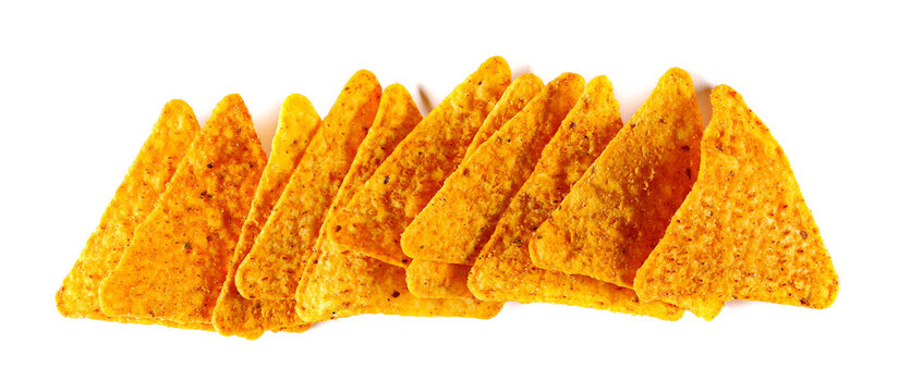Tortilla chips pile isolated on white background, top view