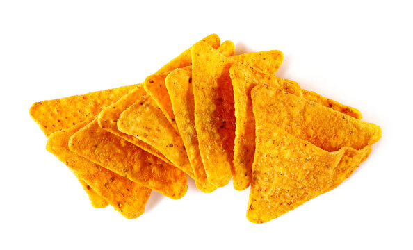 Tortilla chips pile isolated on white background, top view
