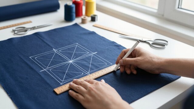 A designer meticulously sketches a geometric pattern onto blue fabric using a ruler and pencil in a bright, organized workspace.