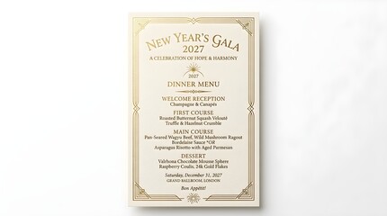 Fototapeta premium New Years Gala Dinner Menu Elegant Festive Gold Foil on White Background for Event Planning