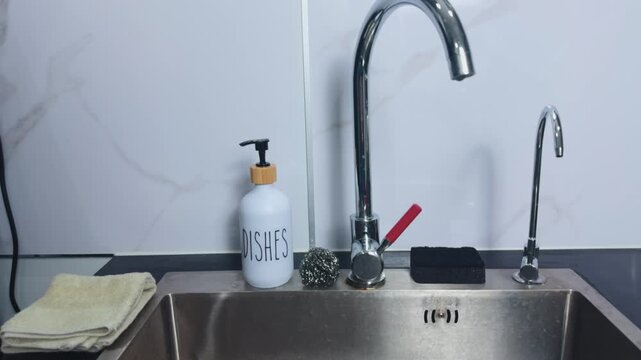 Stainless steel kitchen sink with a tall chrome faucet, a dish soap dispenser, scrubbing sponge, and cleaning pad, highlighting an organized space for daily dishwashing and hygiene