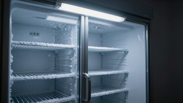 An empty freezer interior covered in frost and ice crystals, illuminated by a bright light inside.