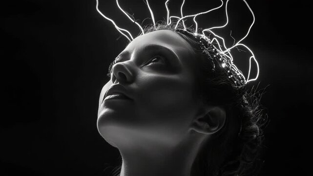 A striking of a human head with lightning bolts emanating from it. The monochromatic palette enhances the dramatic effect.