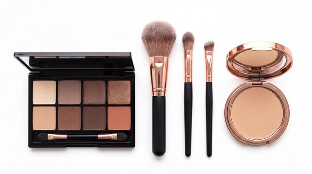 Professional makeup palette set with rose gold brushes and pressed powder compact on white background