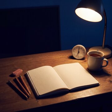 Blank open notebook and sharpened pencils on a study desk under a warm lamp at night