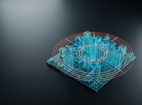 3D holographic wireframe model of a futuristic smart city with cyan glowing buildings and orange radar rings on a dark minimalist background