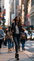 Fototapeta premium woman walking through a busy city street, urban lifestyle with female pedestrian in motion, contemporary city life and everyday urban movement
