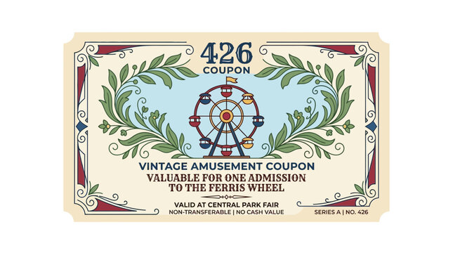 Vintage Amusement Park Coupon for Ferris Wheel Admission, Isolated