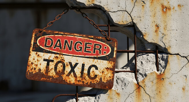 Old rusty danger toxic warning sign hanging on cracked concrete wall in abandoned industrial area