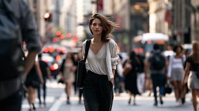 woman walking through a busy city street, urban lifestyle with female pedestrian in motion, contemporary city life and everyday urban movement