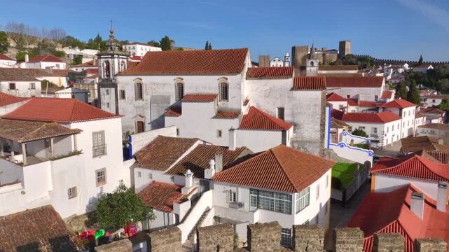 Obidos Castle At Obidos In Leiria Portugal. Historical Village. Medieval Castle. Aerial of Obidos, Portugal at Sunny Day