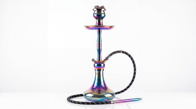 Shiny iridescent metal hookah pipe featuring a sleek design and vibrant colors on white background