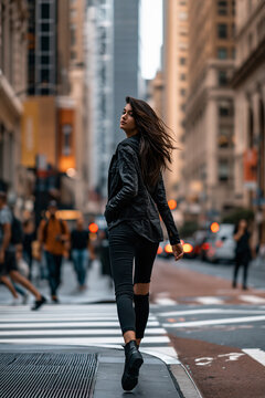 woman walking through a busy city street, urban lifestyle with female pedestrian in motion, contemporary city life and everyday urban movement