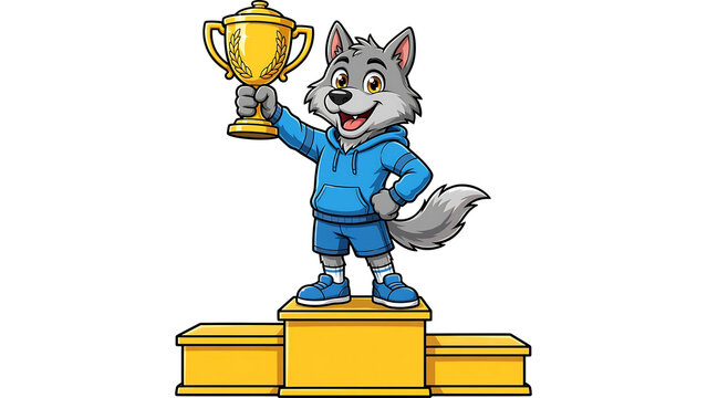 Cartoon Wolf Mascot Holding Trophy on Winner Podium Illustration