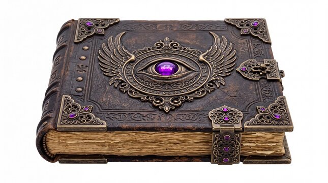 Ornate antique leather journal featuring mystical eye symbol and metallic wing embellishments on white background