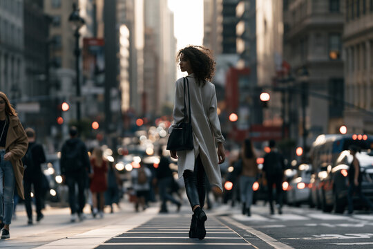 woman walking through a busy city street, urban lifestyle with female pedestrian in motion, contemporary city life and everyday urban movement