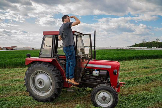 A man stands on the steps of a red tractor in a field, shielding his eyes to look out into the distance. Confident strong male farmer 