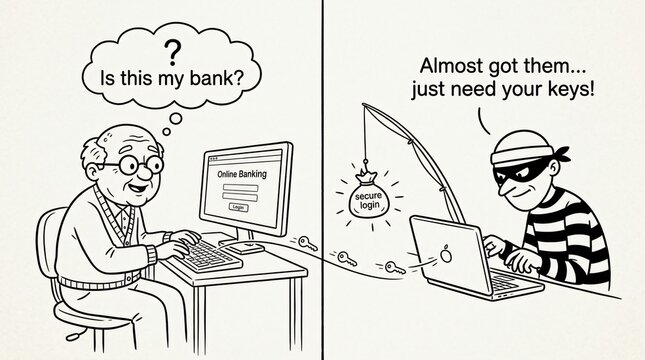 Cartoon illustration of a senior citizen targeted by an online banking phishing scam and cyber criminal stealing passwords.