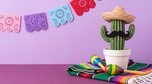 Festive Cinco de Mayo concept featuring a potted cactus wearing a sombrero and mustache, colorful maracas, a serape blanket, and papel picado banners against a purple background.