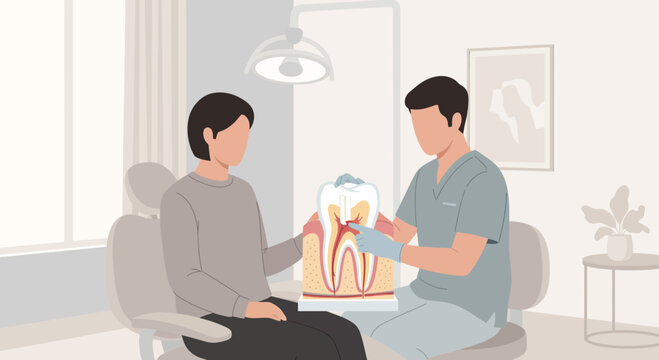 Dentist Explaining Tooth Anatomy Model to Patient in Clinic